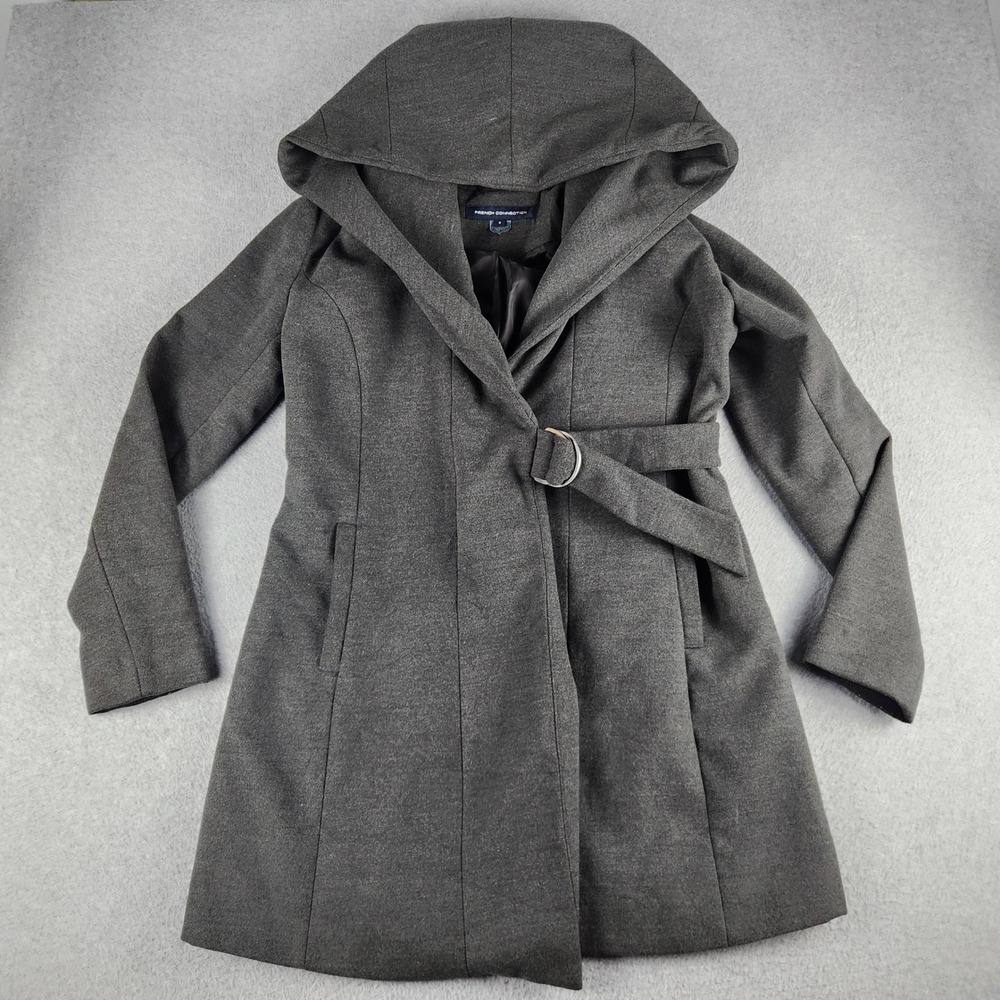French Connection Coat Womens Small Gray Long Sleeve Hooded Wrap D-Ring Buckle